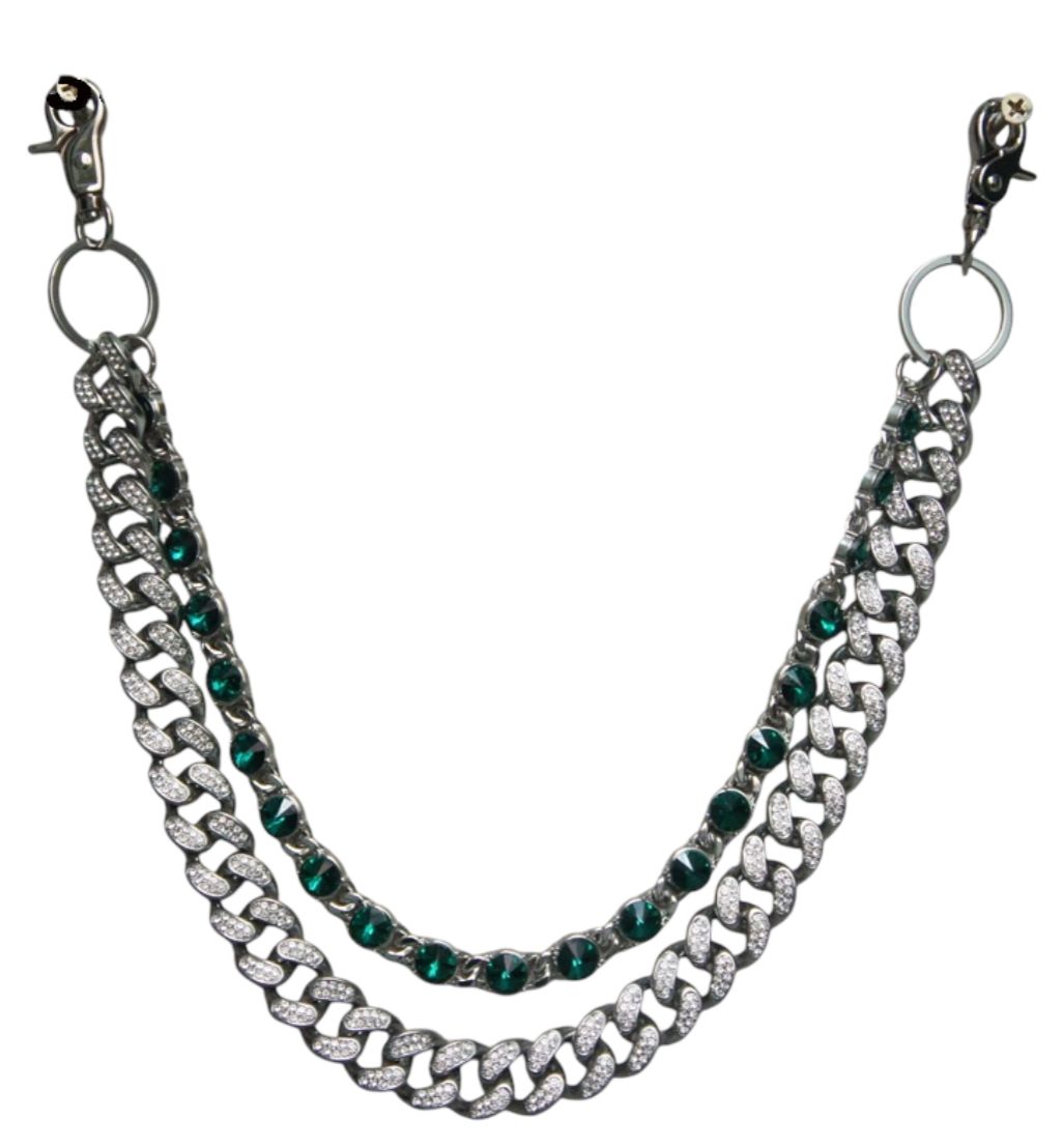 Double Rhinestone Chain - Silver and Emerald Green 035