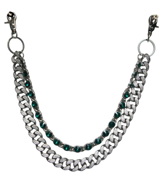 Double Rhinestone Chain - Silver and Emerald Green 035