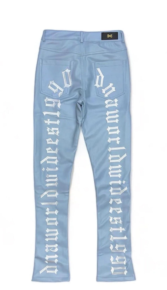 Baby Blue Leather Jeans - White Embroidered