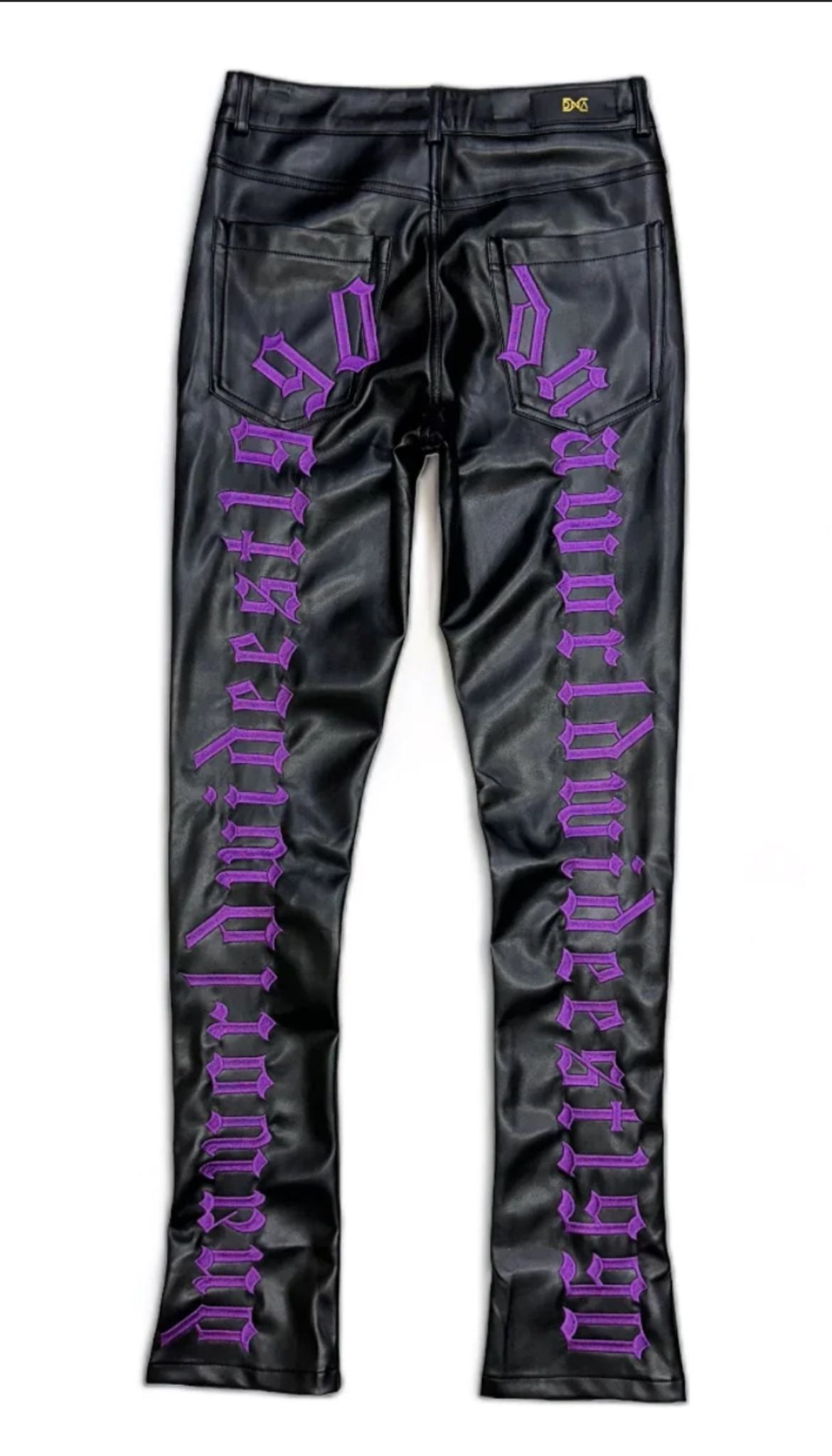 Black Leather Jeans - Purple Embroidered