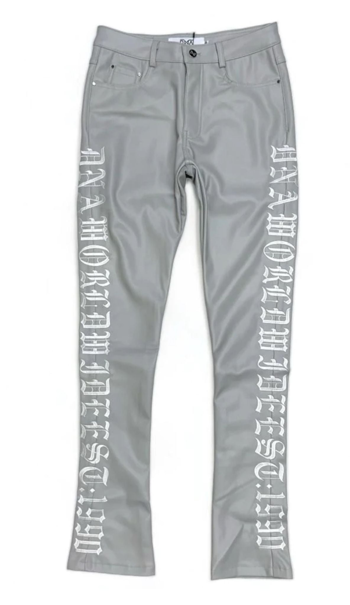 Grey Leather Jeans - White Embroidered