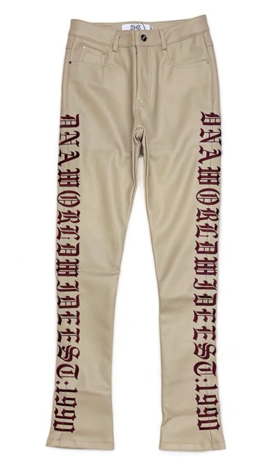 Tan Leather Jeans - Burgundy Embroidered