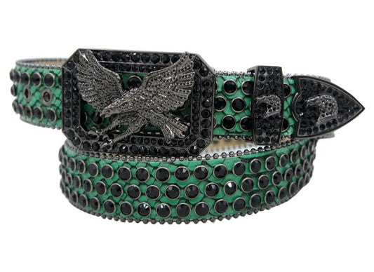 Green leather belt with black stone